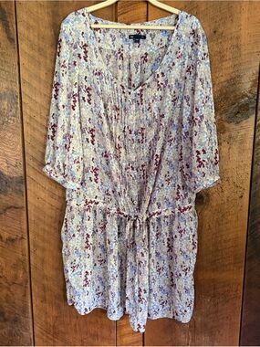 GAP Floral Drop Waist Tunic Mini Dress Pintuck Pleated Boho Cottagecore L